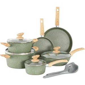 MAISON ARTS Cookware Set Non Stick, 12 Piece Green Granite Induction Compatible