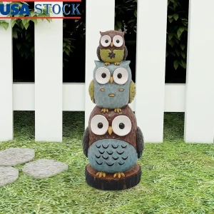 18 Inch Stacking Owl Sculpture Garden Statue Polyresin Indoor Outdoor Decor Gift Unique Home Accent