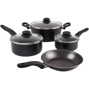 7-Piece Nonstick Black Cookware Set Aluminum Dishwasher Safe 1QT 2QT 4QT 8-in Even Cooking Lightweight
