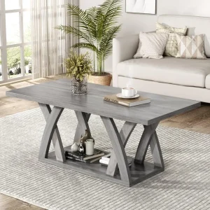 Farmhouse Wooden  47 inch Coffee Table with Shelf