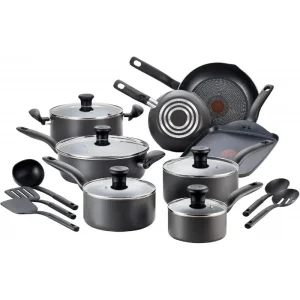 T-fal Initiatives Nonstick18-Piece Cookware Set, Oven Broiler Safe 350F, w/Fry Pans, Saucepans, Stockpot