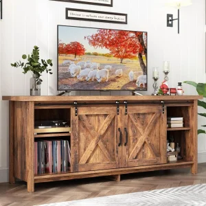 Farmhouse Wooden Rustic Entertainment/Media Stand for 55-65in TV, Adjustable Shelves & Sliding Barn Doors