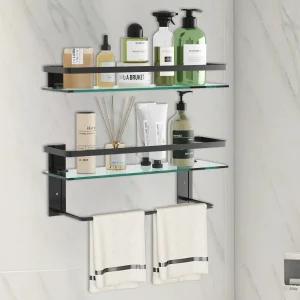 Glass Bathroom/Kitchen Shelf with Towel Bar 15.7in Bathroom Wall Shelves Rustproof Metal 2-Tier Organizer