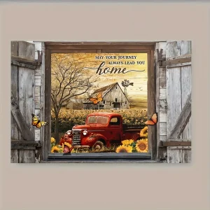 Wooden Framed Canvas Painting, Rustic Red Old Truck Picture