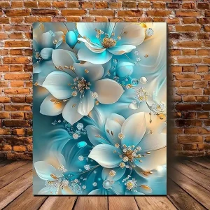 Elegant Oil Painting Artwork Framed Serene Blue and White Flowers with Gold Accents, Perfect for Living Room Bathroom