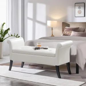 Storage Bench Modern Faux Leather, Tufted Bench with Large Storage, Rolled Arms