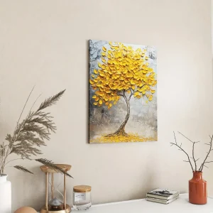 Frameless modern abstract tree-shaped mural in gold leaf, upholstery, 1.5 inch thick pine solid wood frame