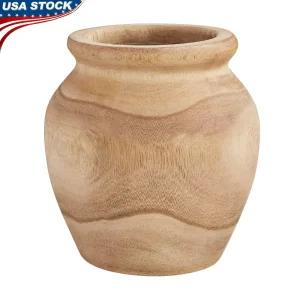 Natural Wood Hand-Lathed Decorative Vase, Rustic Flower Holder Light Finish Unique Grain Design Home Decor Table