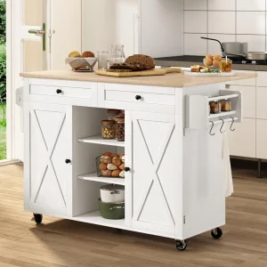Kitchen Island On Wheels, Rolling Kitchen Cart with Drop Leaf Countertop, Barn Door Kitchen Island Table