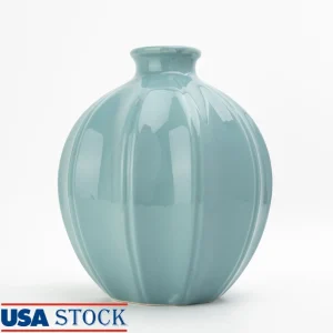 Blue Ceramic Oval Vase 7.48 inches Decorative Piece Indoor Display Home Accent