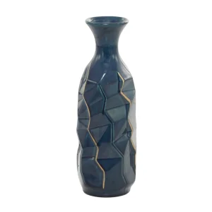 Modern Teal Ceramic Vase Abstract Shape Decorative Geometric Design 16 inches Tall Minimalist Home Decor