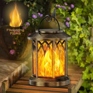 2 Pack Upgraded Flickering Flame Solar Lanterns Outdoor for Garden, Patio, Bronze/Black