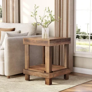 LITTLE TREE All Wooden Square End Table with 2 Storage Shelves, Farmhouse Side, for Living Room, Chairside