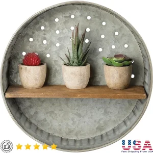 Rustic Distressed Farmhouse Wall Shelf, Handmade Metal Wood Decor, 12.5" diameter (accessories not incl.)