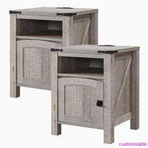 Farmhouse Nightstand/End Table, Set of 2 with Charging Station, 18" Square with Adjustable Storage Shelf, Rustic Wood