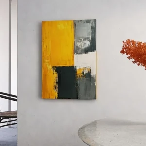 Modern abstract art canvas with black, yellow and grey geometric patterns - pine frame