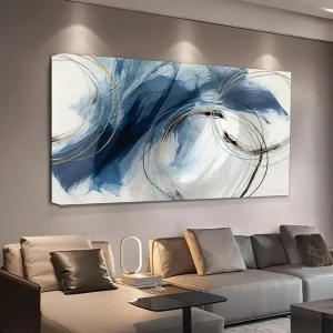 Blue ink line art, 1.5 inch thick pine frame, dreamlike theme retro gorgeous Art Deco style