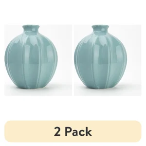 Ceramic Oval Vase, Set 2 Pack Textured Blue 7.48 inches, Home Decor Ideal Indoor Floral Arrangement Tabletop Accent