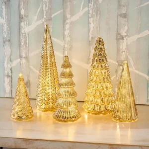 Set of 5 3D Printing Illuminated LED Christmas Trees,  Gold or Silver Tree Figurines for Mantel, Shelves, Table