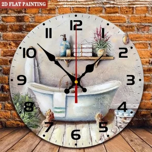Bathroom Theme Wall Clock. Bathtub & plants design, silent