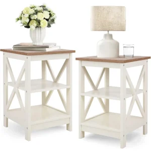 Farmhouse Style Side Tables/Nightstands, Set of 2, Ivory White, for Bedroom or Living Room