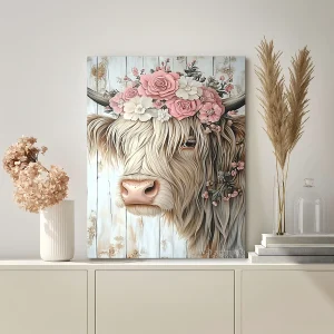 Rustic Framed Highland Cow Canvas, 11.8x15.7" | Floral Crown Design | Home/Office Decor & Unique Christmas Gift