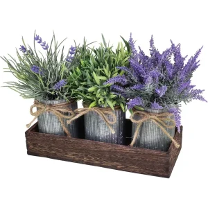 Set of 3 Small Potted Artificial Plants Arrangement, Lavender and Grass Plants in Rustic Galvanized Metal Pots, Decorative Wooden box