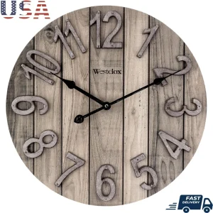 Farmhouse Style Wood Grain Wall Clock, 15.5 inch Analog Quartz with Raised Numbers