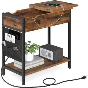 Storage Side Table/Nightstand, Charging Station with USB Ports and Outlets, Fabric Bags for Accessories