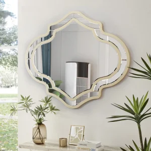 Large Gold Wall Mirror, Glass Frame Golden Rim Art Accent Mirror