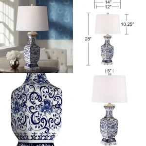 Vintage Chinese Style Blue Porcelain Table Lamp with Floral Design and White Drum Shade