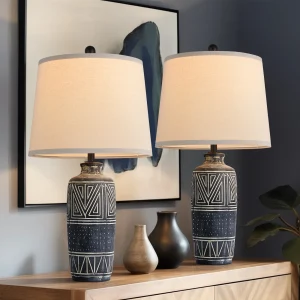 2 Pack 25-Inch Carved Geometric Ceramic Table Lamp With Linen Shade, Southwest Rustic Accent