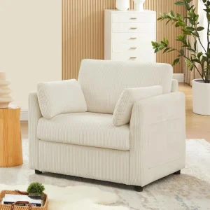 Modern Corduroy Accent Chair, 38 W Comfy Armchair with Soft Pillows and Side Pockets, for Living Room, Bedroom