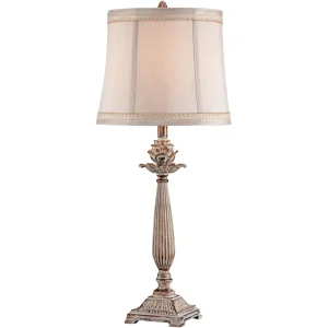 French Country Cottage Style Shabby Chic Table Lamp, 28 Tall, Antique White Washed, Beige Fabric Shade