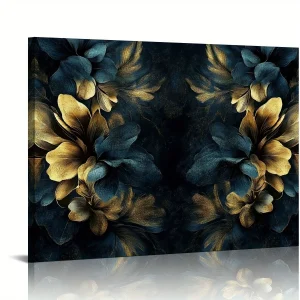 Luxury Gold Wall Art Dark Floral Canvas Painting on Black Background