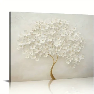 Elegant Scandinavian White Floral Canvas Painting - Simple Modern Art